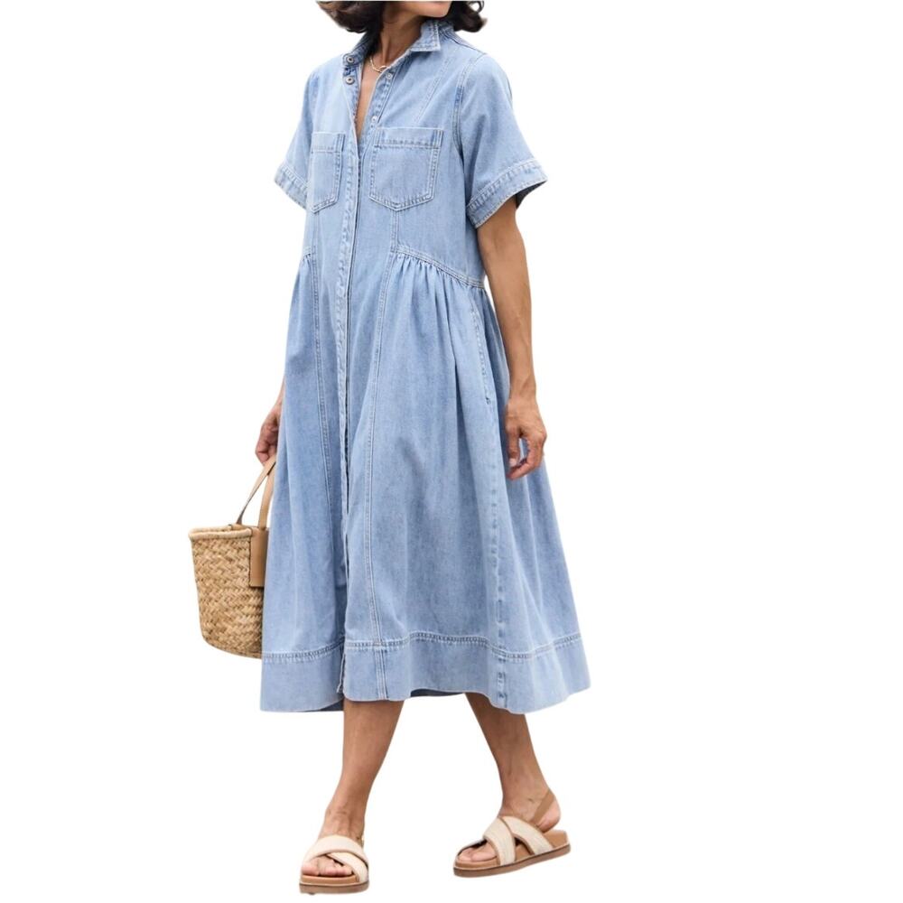 MAYE Montana Denim Shirtdress Light Blue Short Sleeve Cotton Dress Size M